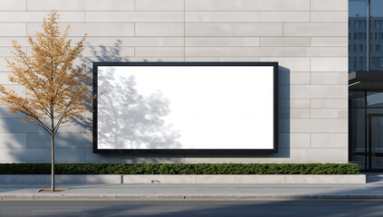 Fototapeta premium Blank billboard on a modern building facade with a tree and shadows