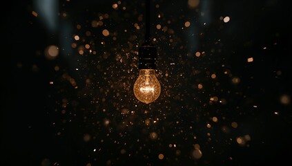 Illuminating Light Bulb with Sparkling Dust in Dark Background
