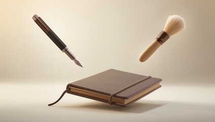 Elegant Leather Notebook with Fountain Pen and Shaving Brush in Air
