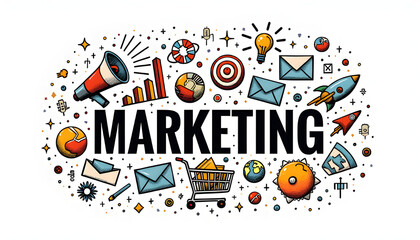 Hand-drawn marketing illustration with icons and bold MARKETING text on white background representing strategy, promotion, and business growth