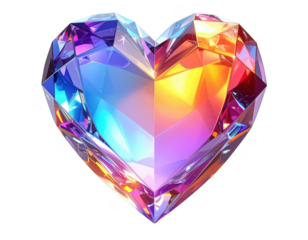 3D crystal heart with rainbow prism reflections and sharp edges,white background