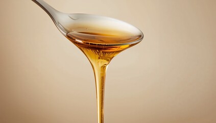 Golden Honey Dripping from a Spoon on a Neutral Background