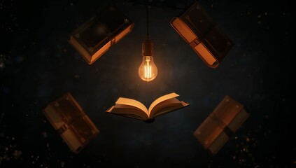 Open Book Surrounded by Floating Books and Vintage Light Bulb