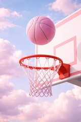 A pink basketball is about to go through the hoop with clouds in the background.