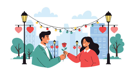 Romantic couple exchanging roses on a city street decorated for Valentine’s Day, flat vector illustration with solid colors and clean outlines, urban love concept