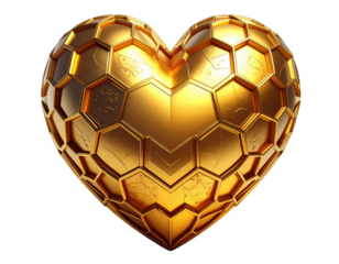 3D golden heart with a honeycomb hexagonal pattern,white background