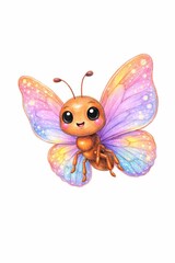 Adorable colorful butterfly with big eyes and a cute smile on a white background.