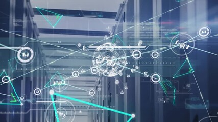 Animation of network of connections with icons and data processing over server room - Powered by Adobe
