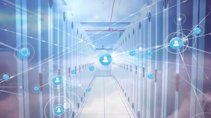 Animation of network of connections over server room - Powered by Adobe