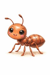 A charming illustration of a cute, smiling ant with rosy cheeks and big eyes.