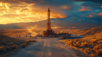 Mining rig in a vast desert, symbolizing resource extraction and industrial presence.