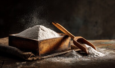 Baking Soda Mounded in Rustic Wooden Box with Scoop