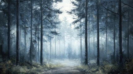 Fototapeta premium Misty forest landscape with tall pine trees shrouded in fog during early morning, creating an eerie yet tranquil atmosphere