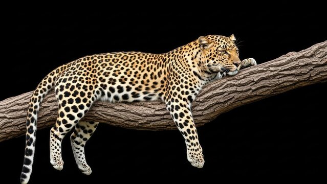 Leopard resting on a branch against black background