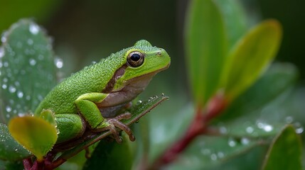 Obraz premium A cute small green tree frog sits on a tropical leaf in a macro wildlife closeup showing the amphibian in its natural wild nature habitat