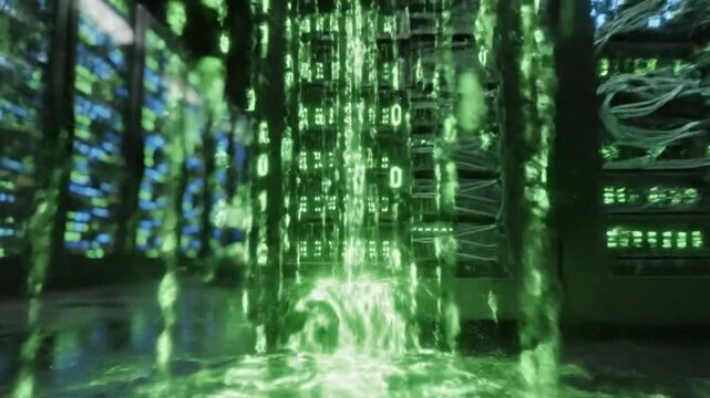 Abstract Green Digital Rain of Binary Code in Data Center Server Room Technology