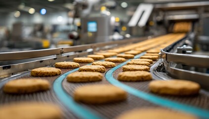 Baked cookies moving along a blue conveyor belt biscuits