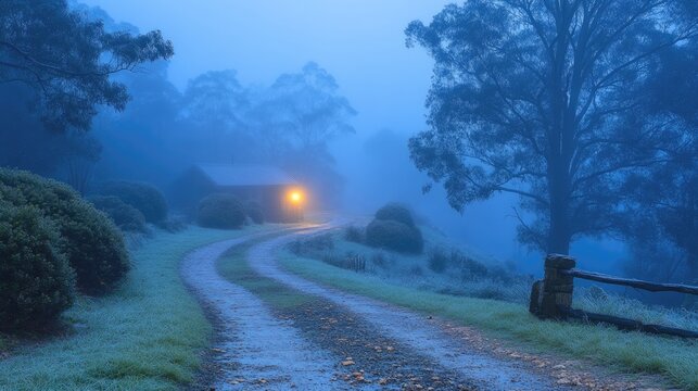 Misty night path in the Australian outback night. bushes, trees and grassland in the outback