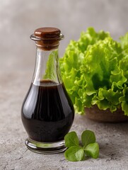 Balsamic Vinegar Bottle with Fresh Lettuce and Clover