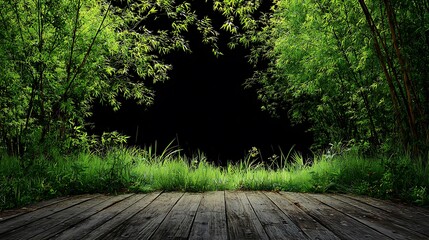 Bamboo forest with wooden floor and green foliage against black background