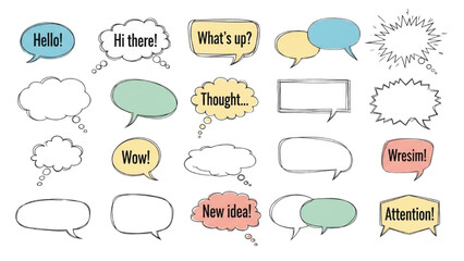 Fototapeta premium Collection of various colorful speech bubbles and blank thought bubbles on white background