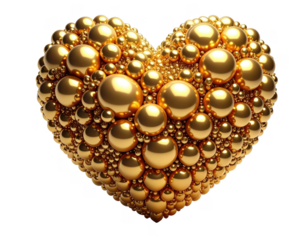 3D golden heart made of hundreds of tiny gold spheres,white background.