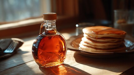 Warm Breakfast Scene: Maple Syrup Bottle and Pancakes