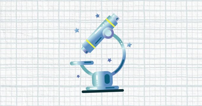 A digitally generated video of a microscope icon moving over a white background
