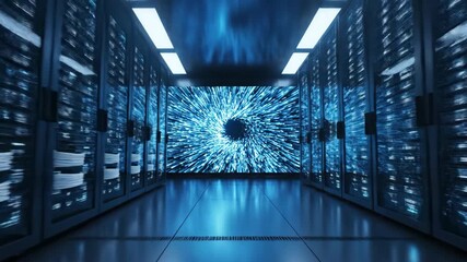 Abstract blue digital data streams flow rapidly across multiple computer screens in a futuristic server room environment room, seamless, digital - Powered by Adobe