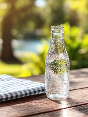 Refreshing Sparkling Water Bottle with Water Droplets Outdoors