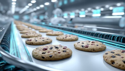 Chocolate Chip Cookie Production on a Conveyor Belt