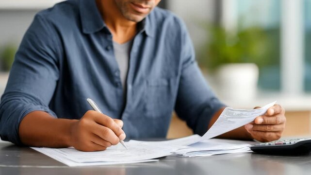 Focused man filling out paperwork at desk, reviewing documents and making notes with a pen in a modern office environment. Professional adult working on financial or administrative tasks