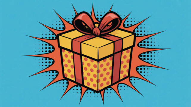 Retro comic gift box graphic with vibrant colors and stylized explosion effect background