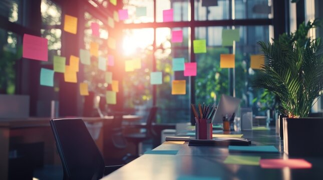 Sunlight illuminates colorful sticky notes on a glass wall in a modern office, symbolizing innovative production and creative thinking in a collaborative workspace - Powered by Adobe