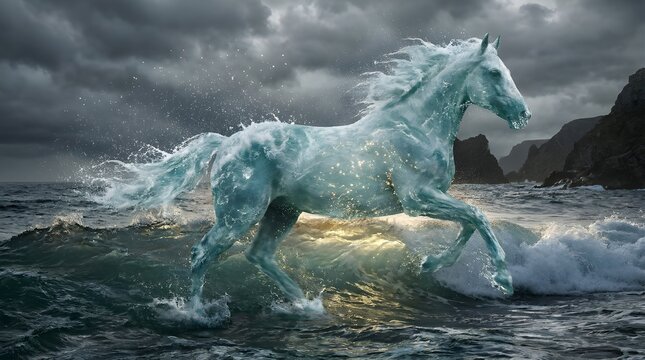 Breathtaking abstract 3D illustration of a galloping horse made entirely of splashing clear ocean water and foam, representing the power of elements, freedom, liquid motion