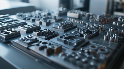 Precision manufactured metal components are displayed on a table in a factory setting, showcasing innovative production techniques and advanced manufacturing processes