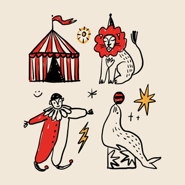 Circus animals and Circus animals and characters set clipart, cute animals, carnival vintage tent with a red flag. Vector illustration retro performing high in the air, decorated platform. Funny