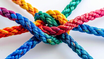 Six colorful ropes—blue, purple, green, yellow, orange, red—tied tightly together in a central knot.