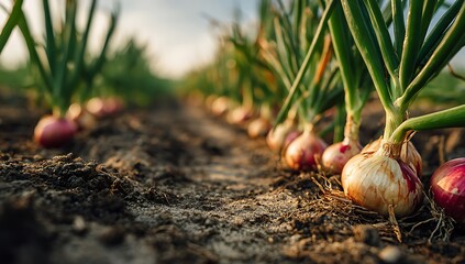 Close-up of fresh onions growing in a cultivated field