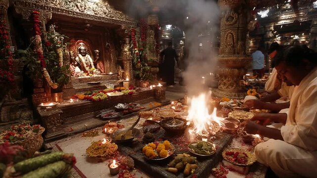Hindu Priest Performing Ritual Offering with Elaborate Food Arrangement and Ceremonial Fire in Temple Setting.