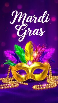 Mardi Gras festive vertical poster with golden mask and typography