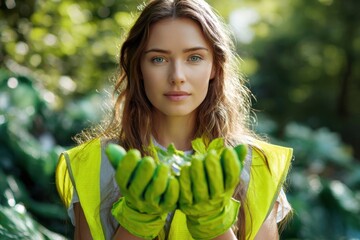 Young volunteer in safety vest advocates for environmental protection while holding plants in a green park setting
