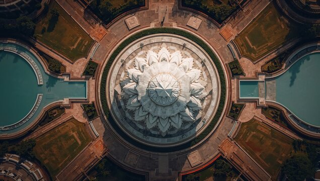 Drone view of lotus shaped temple complex with geometric landscaping, symbolizing harmony, sacred architecture, and spiritual tourism