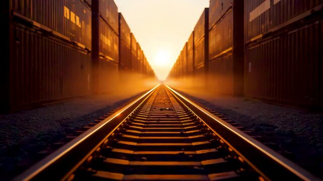 Golden foggy sunrise between endless rows cargo train cars railway tracks vanishing perspective industrial transport scene