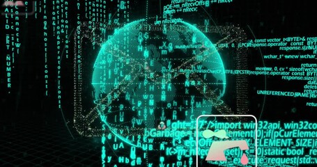 Animation of envelope icons globe rotating over binary codes and programming language - Powered by Adobe