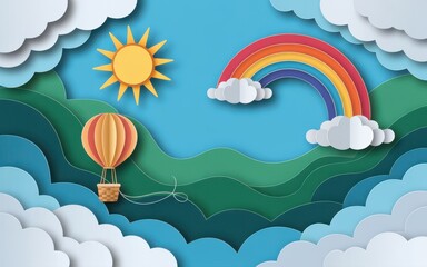 Fototapeta premium A vibrant hot air balloon floats gently above rolling hills beneath a bright sun and a colorful rainbow in a whimsical sky
