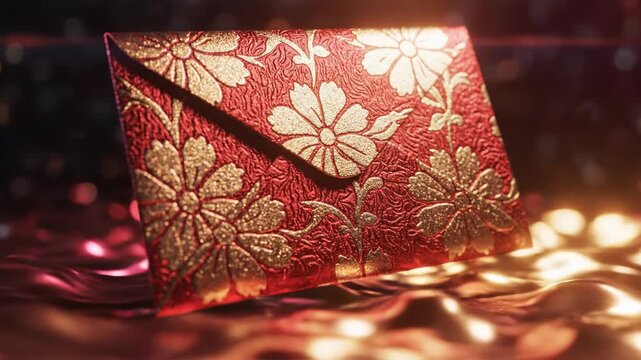 Abstract conceptual video showing an empty red envelope with stylized gold floral patterns floating above a pulsing crimson and golden light flow color, background, new