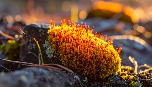 Close-up of vibrant orange moss growing on a rock surface in natural sunlight.