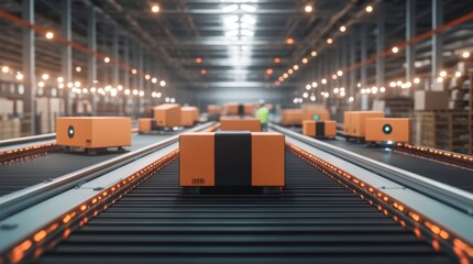 Automated guided vehicles transporting cardboard boxes along a production line in a large, modern factory highlight innovative automation technology in manufacturing and logistics