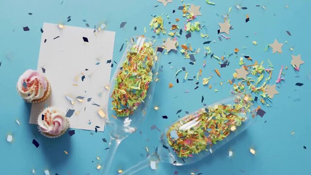 Animation of confetti over glasses, cupcakes and card with copy space on blue background